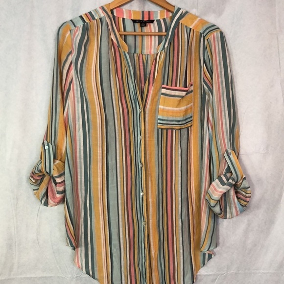 Zac & Rachel Multicolor Stripes Roll Sleeve Beachy Blouse Size XL - Picture 8 of 14